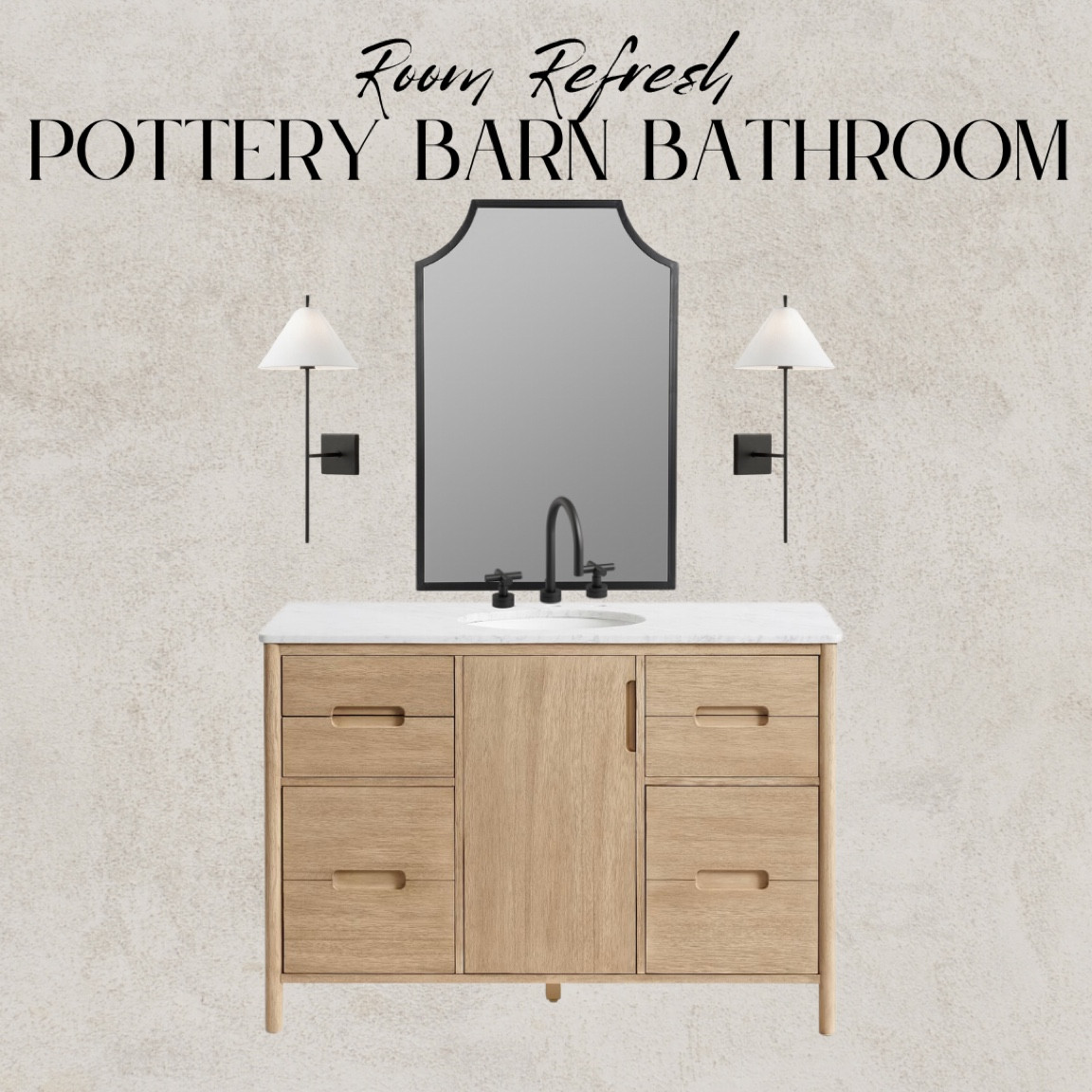 Pottery Barn bathroom refresh. White oak vanity, modern organic bathroom, transitional bathroom, black bathroom faucet, black x handle faucet, black traditional bathroom mirror, black wall mirror, black wall sconce, transitional wall sconce, sing vanity

#LTKSeasonal #LTKHoliday #LTKhome