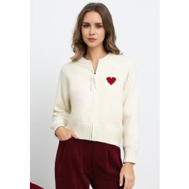 Heart Embellished Zip-Up Crew Neck Knit Cardigan in Cream | Chicwish