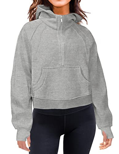 LEEDYA Women's Cropped Hood Sweatshirt Quarter Zip Pullover Sweater Long Sleeve Crop Tops Shirts Grey M | Amazon (US)