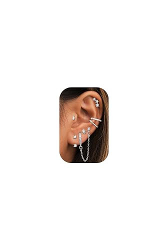 LOYALLOOK Silver Plated Earrings for Women Hypoallergenic - Surgical Stainless Steel Stud Hoop Earring Stacks Cute Ear Cuff Chain Cartilage Earring Sets for Multiple Piercing Trendy Jewelry | Amazon (US)