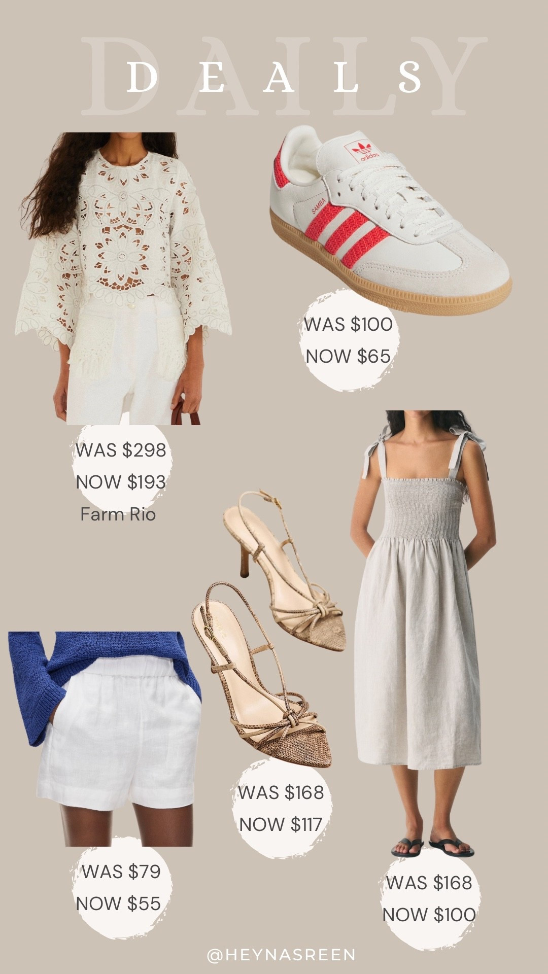 Daily deals on Farm Rio top, Adidas tennis shoes, Aritzia dress, Anthropologie heels, J.Crew linen shorts