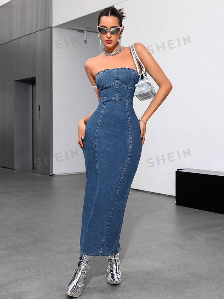 SHEIN ICON Strapless Denim Dress With Open Back Split | SHEIN