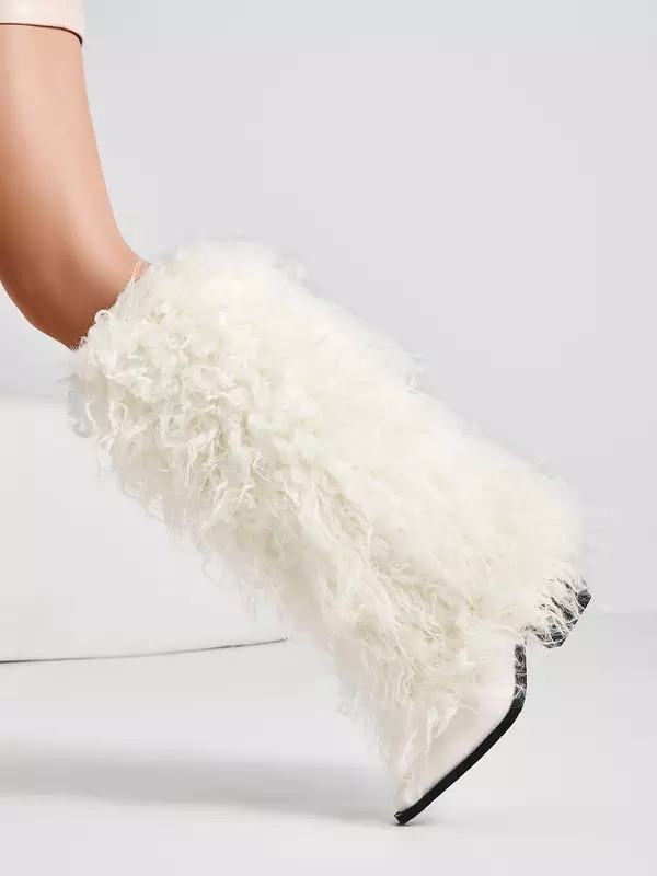 White Knee High Boots Pointed Toe Faux Fur Chunky Heel Boots For Women | Milanoo