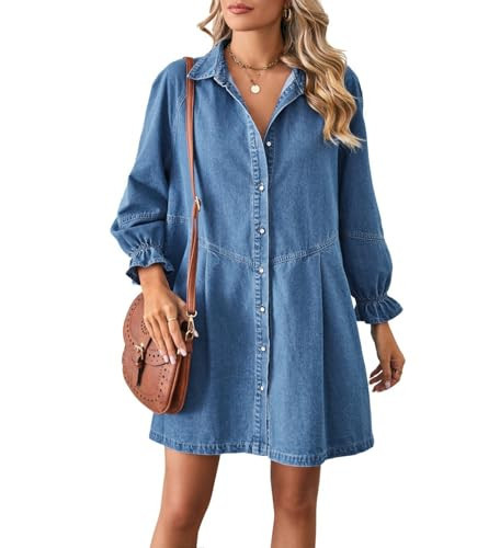 chouyatou Women's Button Down Denim Shirt Dress Lantern Long Sleeve Tiered Baydoll Jean Mini Dress (X-Large, Light Blue) | Amazon (US)