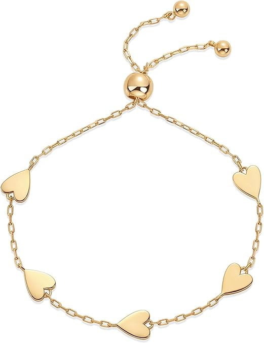 PAVOI 14K Gold Plated Dainty Station Heart Charm Bracelet for Women | Love Friendship Adjustable ... | Amazon (US)