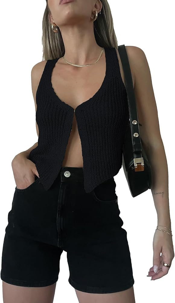 Women Crochet Knit Crop Top Pullover Sweater Sleeveless Hollow Out Button Down Cardigan Summer Y2... | Amazon (US)