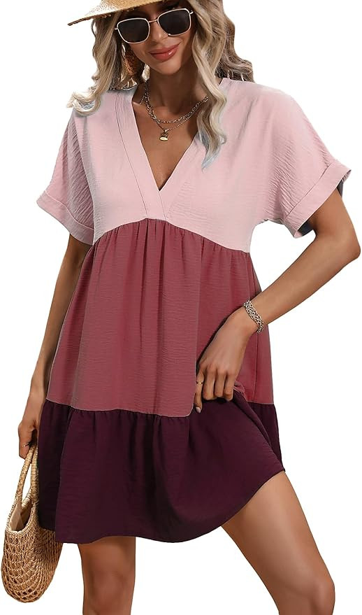 Floerns Women's V Neck Short Sleeve Ruffle Hem Colorblock Swing Shift Mini Dress | Amazon (US)