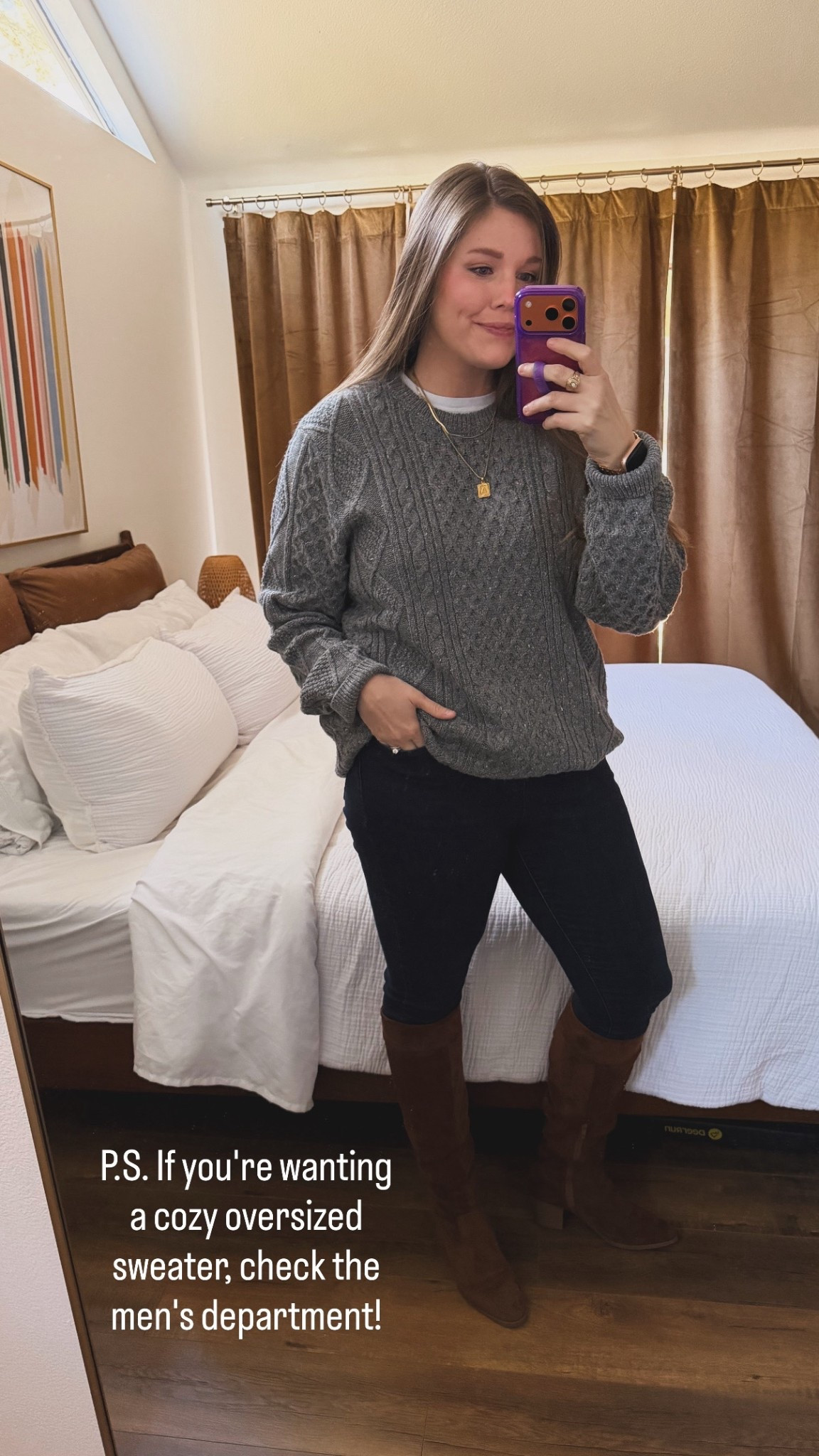 If you want a cozy, oversized sweater don't forget to shop in the men's section! This sweater was under $25, and it's so soft!
............
Gray sweater boyfriend sweater skinny jeans dark jeans dark wash jeans brown boots knee high boots suede boots pointed toe boots winter boots under $100 boots under $50 cableknit sweater fisherman sweater cable knit sweater white tee winter outfit ideas casual winter outfit causal winter outfits winter looks casual outfit workwear business casual midsize fashion size 14 jeans size 14 jeans old money aesthetic chic outfit cozy outfit cozy sweater travel look travel outfit gold jewelry gold necklace winter looks winter outfit inspo 

#LTKWorkwear #LTKFindsUnder100 #LTKootd