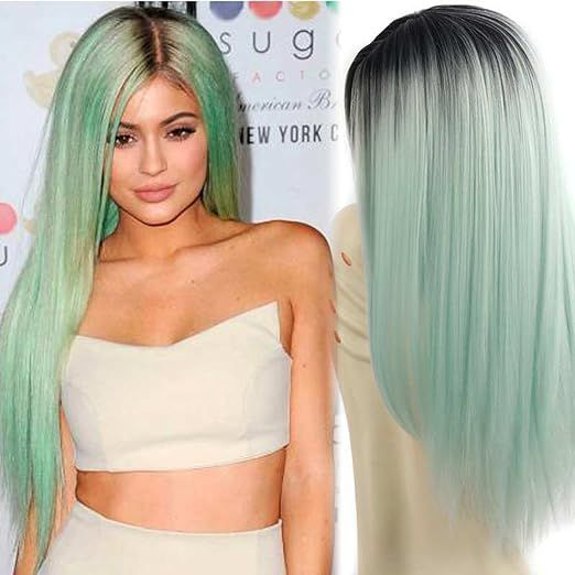 AISI HAIR Synthetic Wigs Long Straight Ombre Wig Heat Resistant Fiber Mint Green Black Roots Full... | Amazon (US)