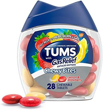 TUMS Chewy Bites Chewable Antacid Tablets with Gas Relief, Lemon & Strawberry - 28 Count | Amazon (US)