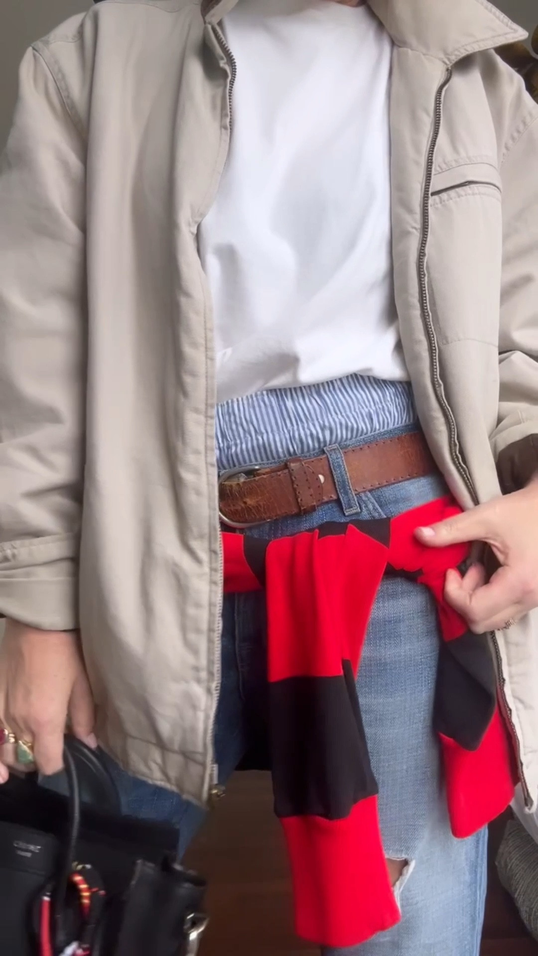 Miu Miu vibe minus the Miu Miu 😉 Sound up for details 

Used vintage barn jacket, vintage belt, vintage cut off trousers from Flynn made my size by hooking the main hook to belt loop, old Current Elliott cord blazer and jeans - linked similar to all :)  Celine Nano Luggage with pieces from an old Chanel backpack attached. Shirt is Frankie Shop size small and boat shoes are Sperry 