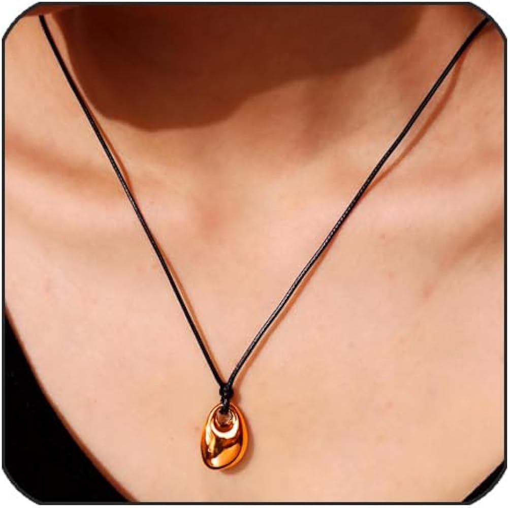Dainty Oval Bean Pendant Necklace Simple Adjustable Black Leather Rope Collarbone Necklace Statem... | Amazon (CA)