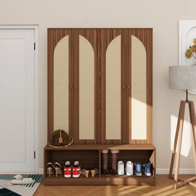 Farmhouse Widen Hall Tree With 4 Rattan Doors, Versatile 4-In-1 Seating Bench With 6 Hooks, Mid-Century Entryway Shoe Cabinet With Adjustable Shelf Fo | Wayfair North America
