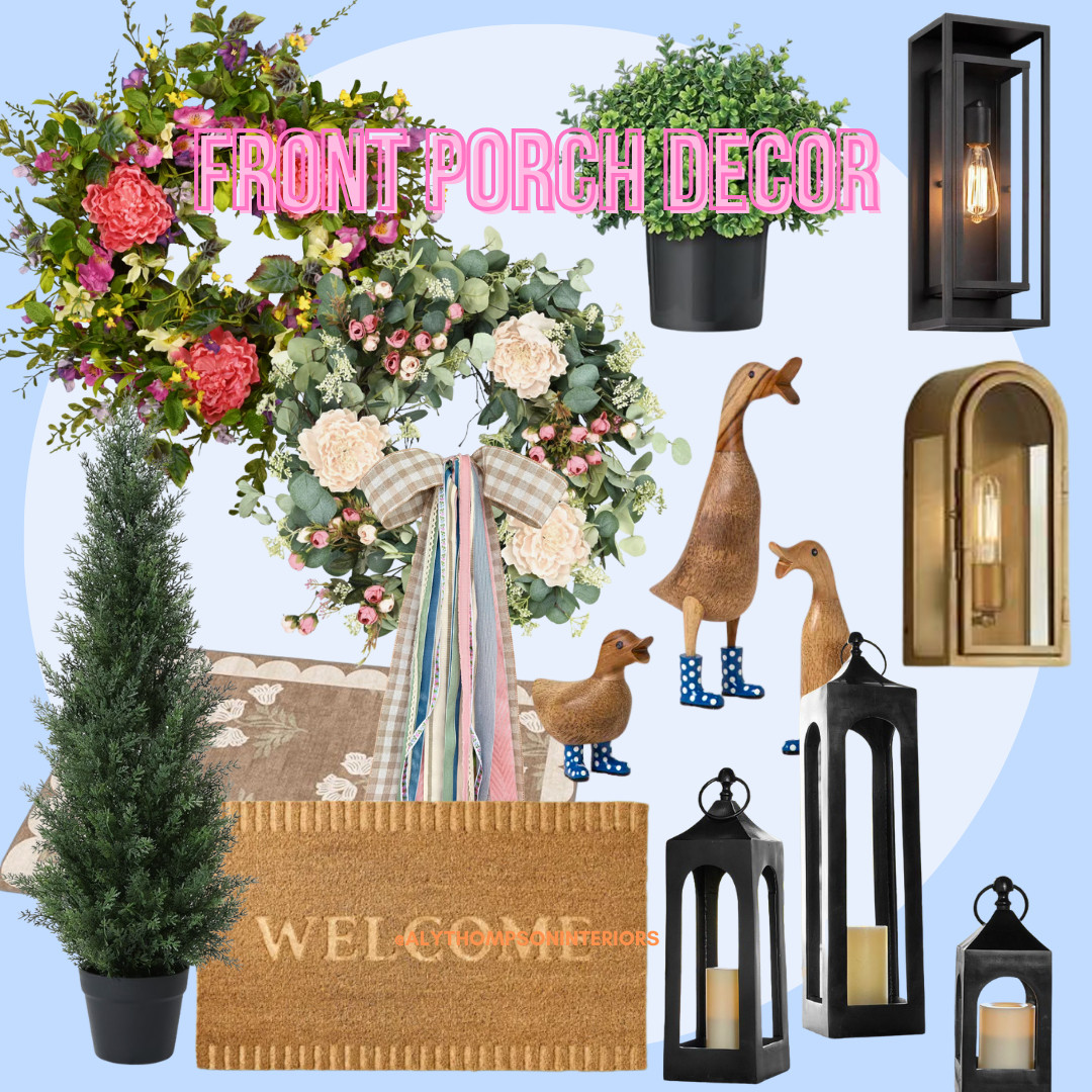 Front Porch Decor | Porch Decor | Front Door Lights | Porch Goose | Spring Wreath | Spring Bows | Lanterns | Faux Pine Trees | Faux Boxwood Bushes | Welcome Coir Doormat | Outdoor Mat 

 #LTKSeasonal #LTKHome #LTKSaleAlert