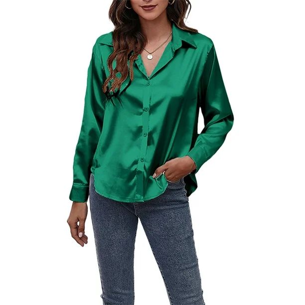 Women's Satin Button Down Shirts Long Sleeve Silky Lapel Basic Solid Color Tops - Walmart.com | Walmart (US)