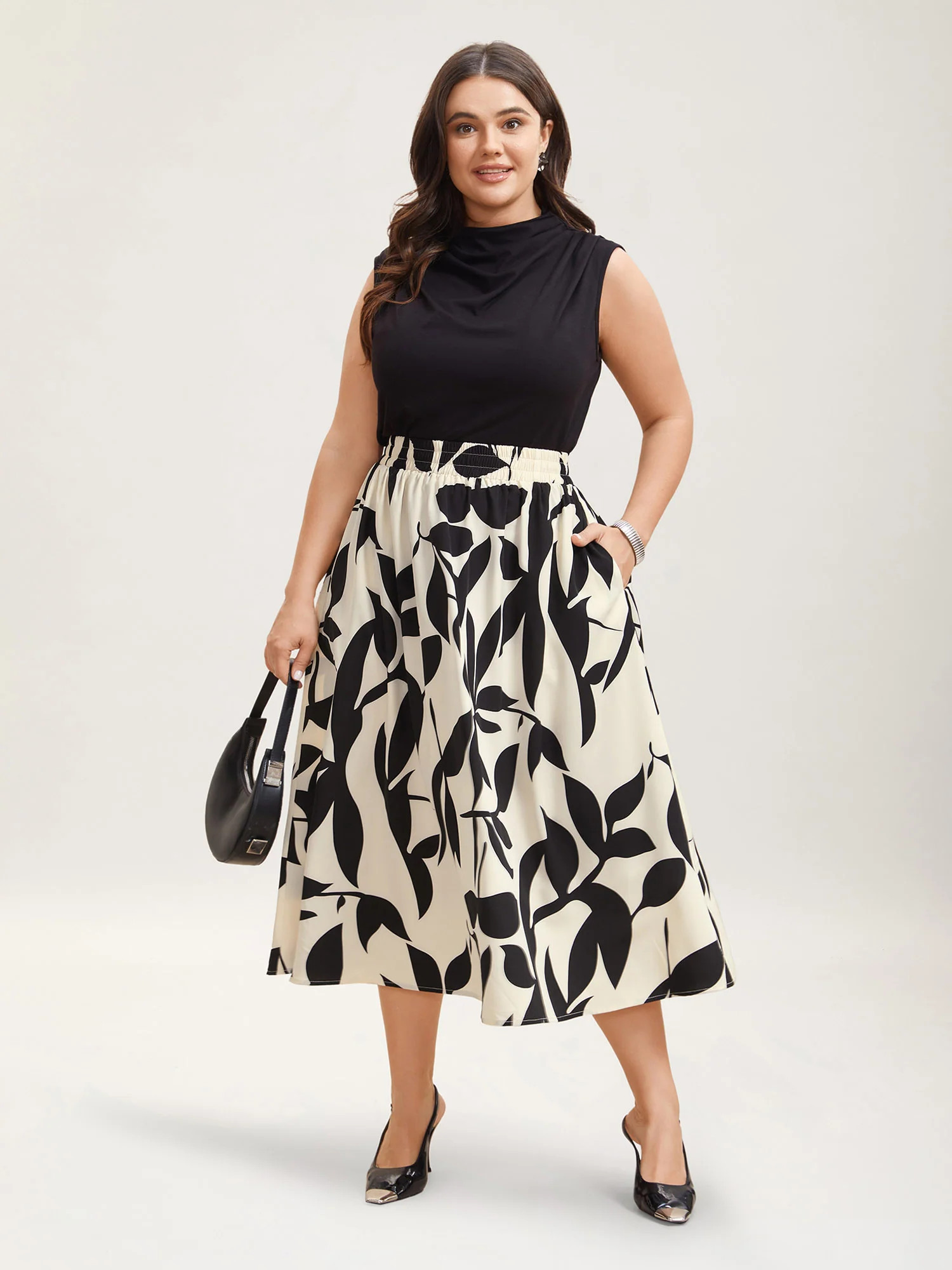 Leaf Print Stretchy-Waist Midi Skirt | Bloomchic
