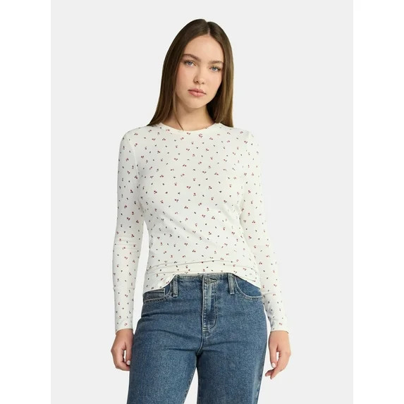 No Boundaries Ribbed Crewneck Tee with Long Sleeves, 1 or 2-Pack, Women's & Women's Plus | Walmart (US)