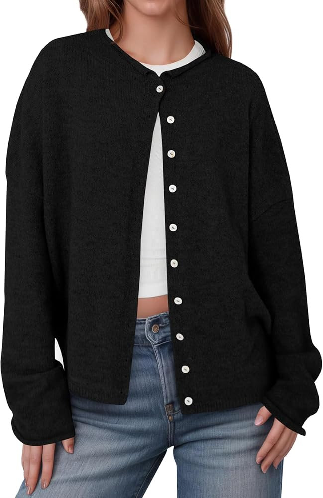 Saodimallsu Womens Button Up Cardigan Sweaters Long Sleeve Crew Neck Fall Soft Lightweight Knit L... | Amazon (US)