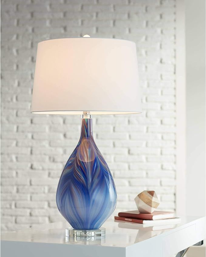 Taylor Modern Contemporary Table Lamp Teardrop Blue Swirl Art Glass Metal White Fabric Tapered Dr... | Amazon (US)