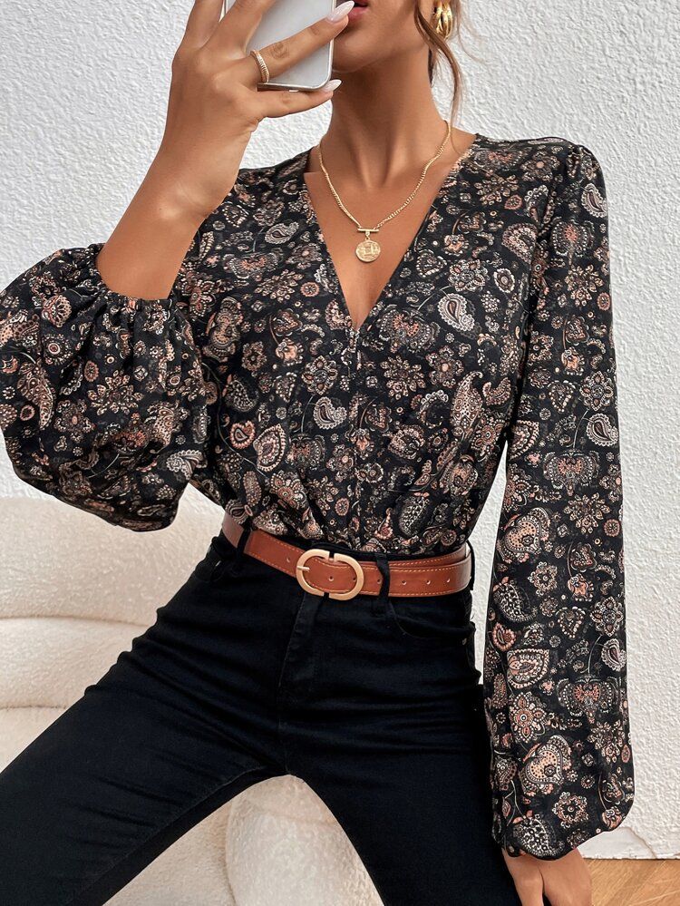 Floral & Paisley Print Lantern Sleeve Bodysuit | SHEIN