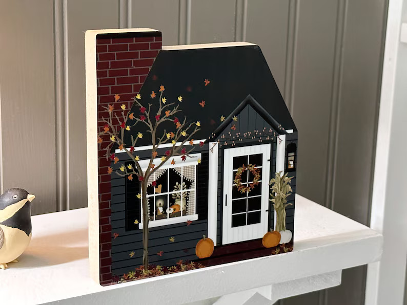 Fall House Block, Fall Colors House, Fall Tree Leaves, Blue Gray Fall House, Fall House Decor, Sh... | Etsy (US)