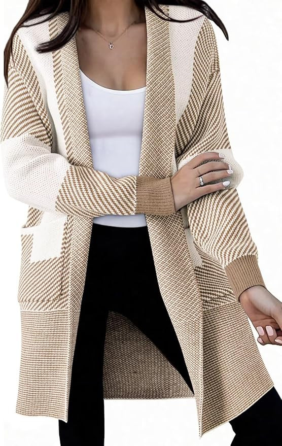 Astylish Women 2025 Open Front Long Sleeve Cardigan Casual Knit Sweaters Color Block Fall Outfits... | Amazon (US)