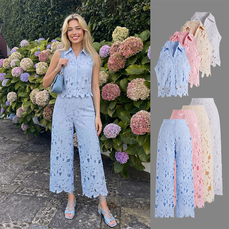 Guipure Lace Collar Crop Top and Pants Set in Pink for Tropical Vacations & Beach Getaways | Chicwish