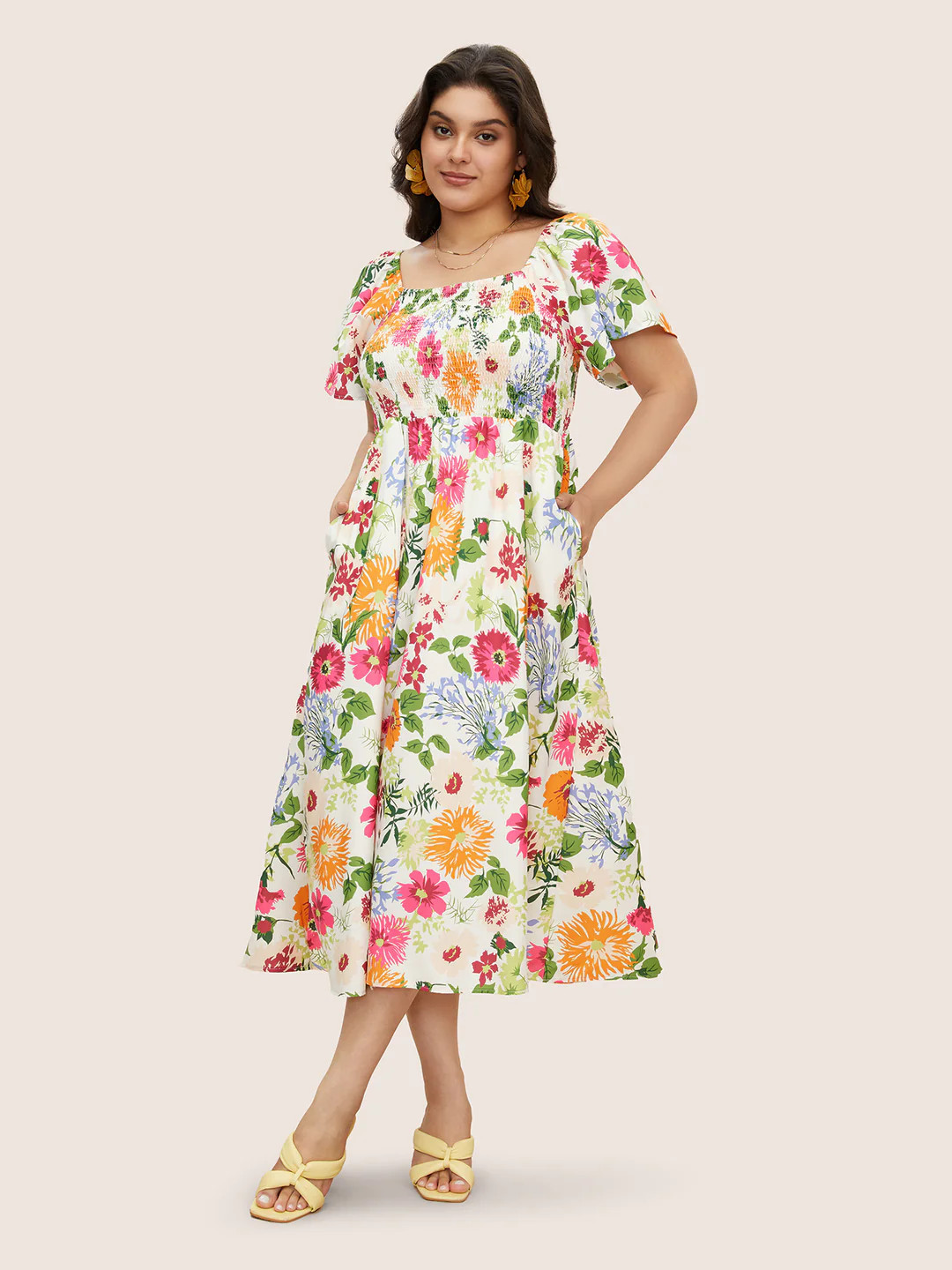 Floral Backless Shirred Square Neck Pocket Ruffle Hem Dress | Bloomchic