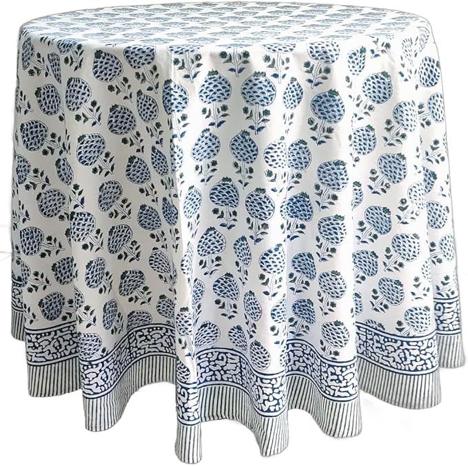ATOSII Roma Blue 100% Cotton Boho Round Fall Tablecloth, Handblock Floral Print Table Cloth Linen... | Amazon (US)