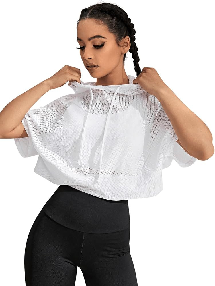 Women's See Through Mesh Crop Top Short Sleeve Fishnet Drawstring Hooded Workout Tops | Amazon (US)