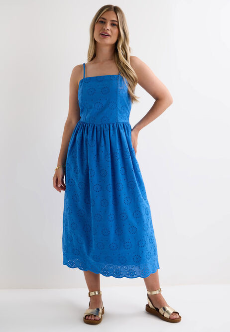 Womens Blue Broderie Cotton Strappy Dress | Peacocks