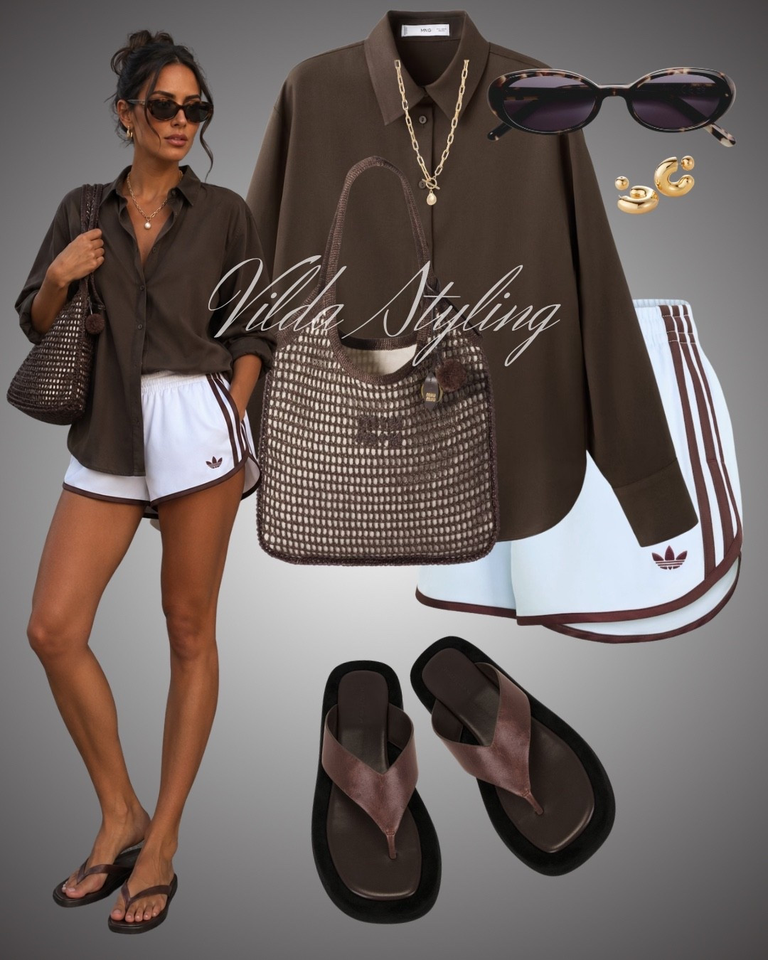 🤎 Sporty meets chic. An oversized chocolate shirt, retro  Adidas shorts, and effortless accessories = the perfect summer uniform. #LTKStyle #SummerOutfit
#Adidas

#LTKsummer #LTKstyletip #LTKtravel