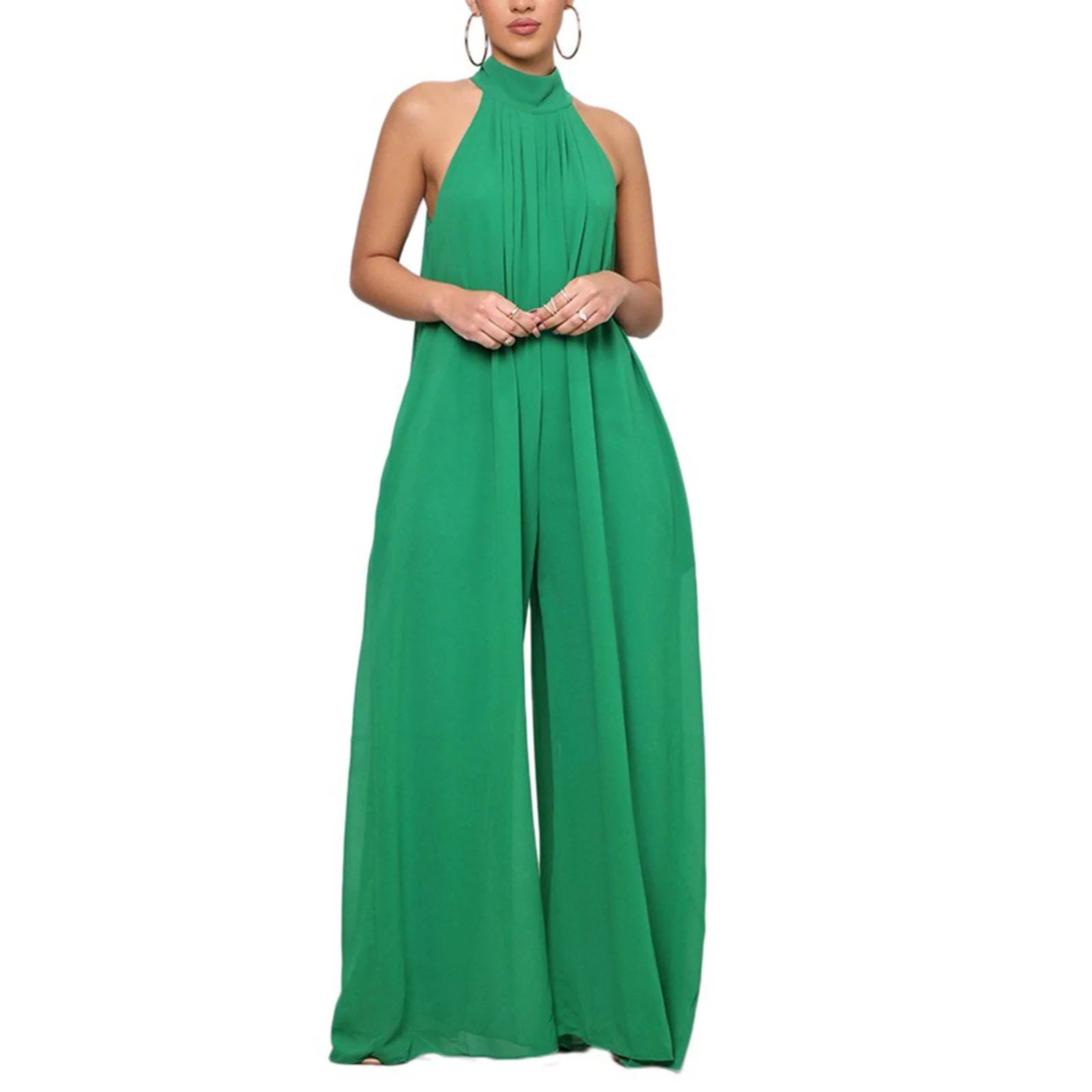 Reduce! Plus Size MIARHB Women's High Neck Sleeveless off Shoulder Wide Leg Jumpsuit Green XL | Walmart (US)