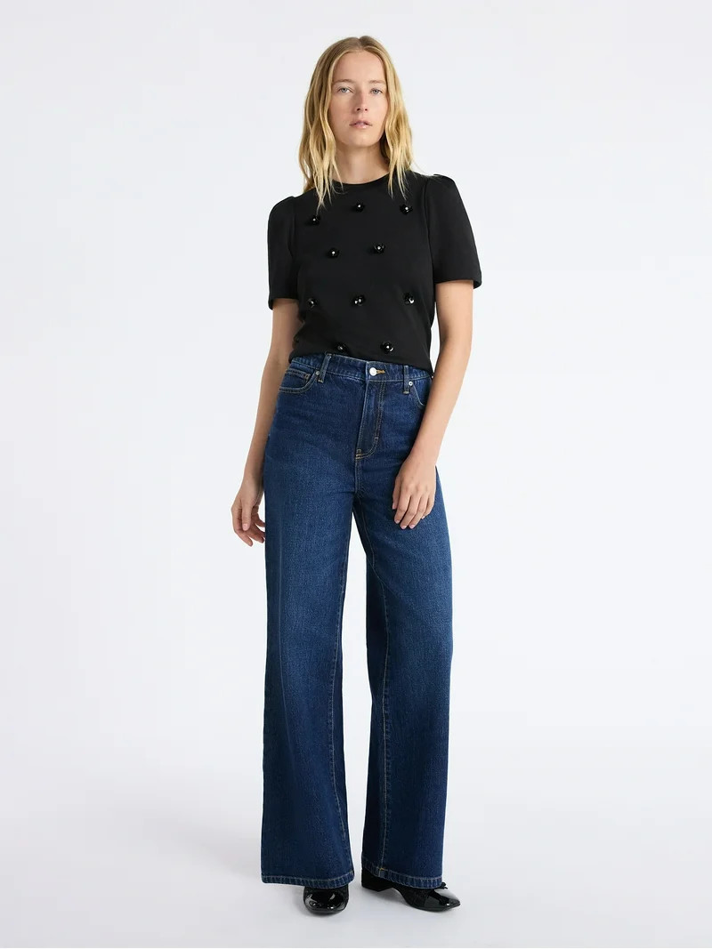 Free Assembly Women's and Women's Plus Embellished Pleat Shoulder Top with Short Sleeves, Sizes X... | Walmart (US)