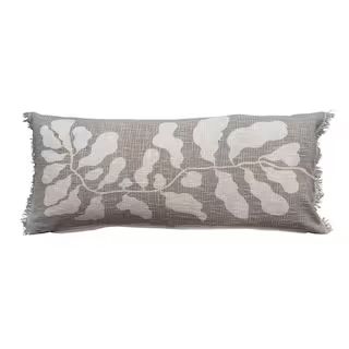 Cotton Lumbar Pillow with Botanical Print and Fringe, Grey | The Home Depot