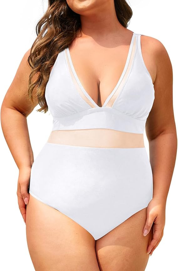 Aqua Eve Women Plus Size One Piece Swimsuit V Neck Tummy Control Bathing Suit Mesh Swimwear | Amazon (US)