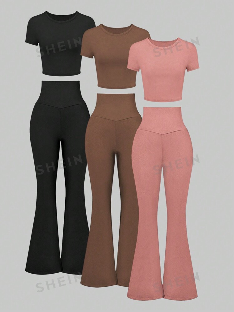 SHEIN MOOSTA 3pcs/Set Round Neck Short Sleeve T-Shirt And Adjustable Elastic Flare Bottom Pants E... | SHEIN