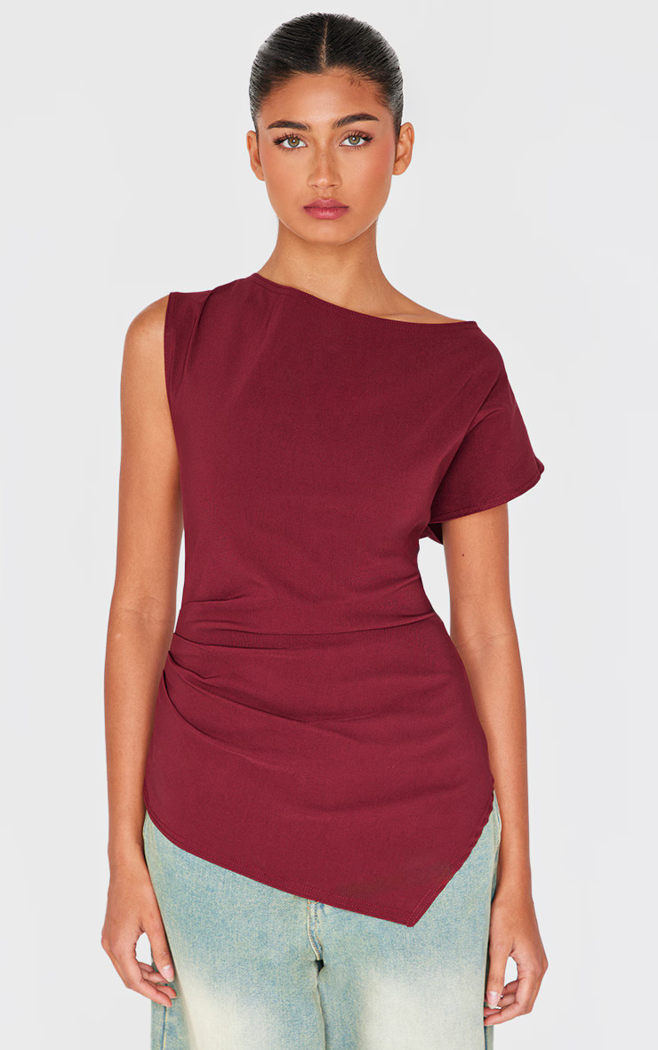 Burgundy Bengaline Slouch Asymmetric Long Top | PrettyLittleThing UK