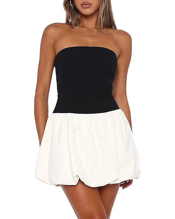 Women Strapless Tube Top Dress Y2k Puff Bubble Dress Cute Summer Mini Dress Bandeau Corset Short ... | Amazon (US)