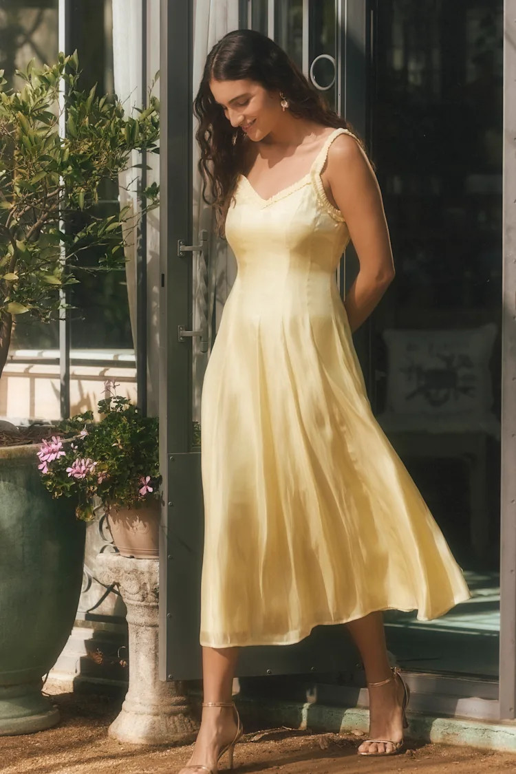 Marlana Light Yellow Sleeveless Ruffled Midi Dress | Lulus