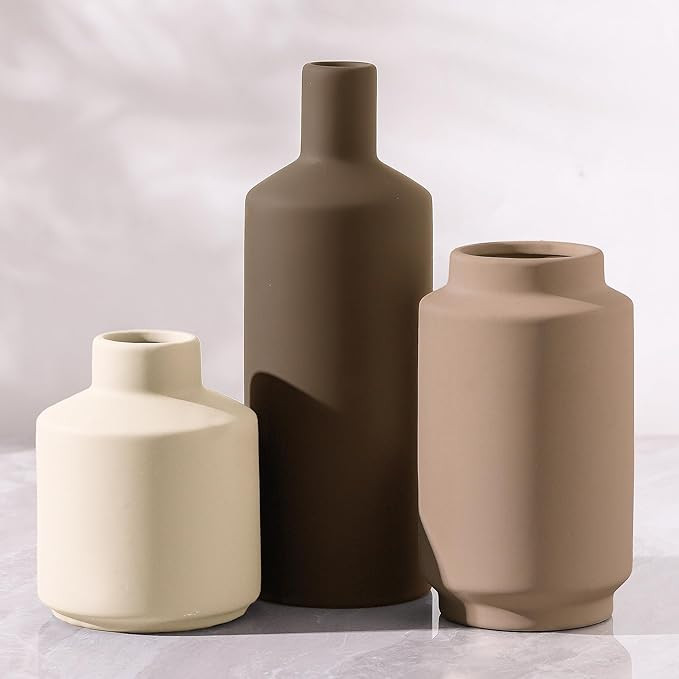 Amazon.com: Ceramic Vase Set of 3 Terracotta Brown Beige, Modern Small Flower Vases for Home Deco... | Amazon (US)