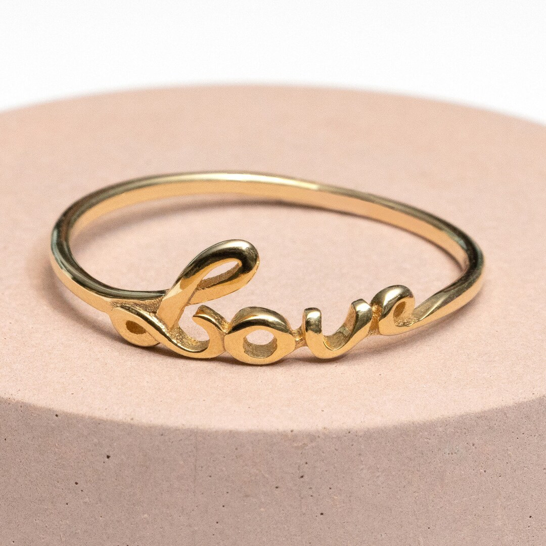 14K Solid Gold Cursive Love Ring Real Gold Love Ring - Etsy Canada | Etsy (CAD)