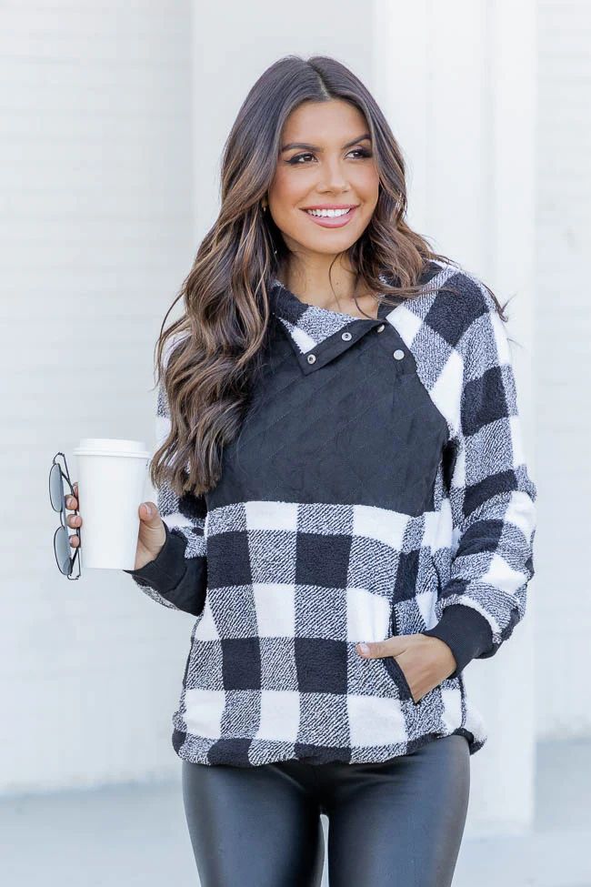 Hiding In Plain Sight Asymmetrical Black Plaid Sherpa Pullover DOORBUSTER | Pink Lily