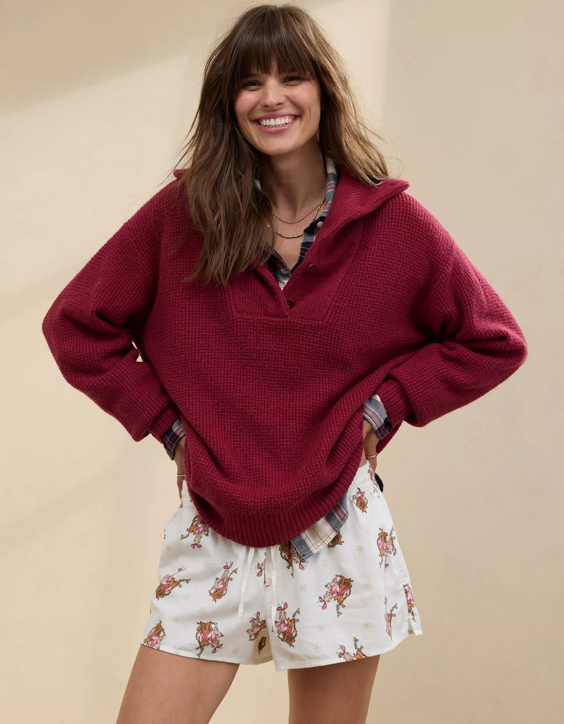 Aerie CozyUp Waffle Button Sweater | Aerie