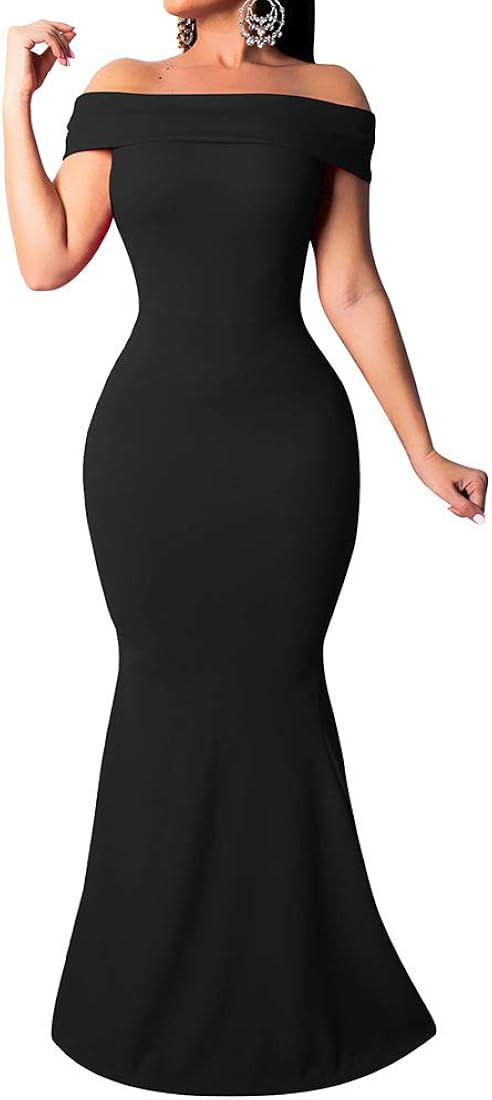 LAGSHIAN Women Elegant Back Ruffles Sexy Off Shoulder Gown Maxi Evening Party Mermaid Dress | Amazon (US)