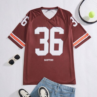 Plus Size Super Loose Fit V-Neck Sports Jersey T-Shirt With Printed Number | SHEIN