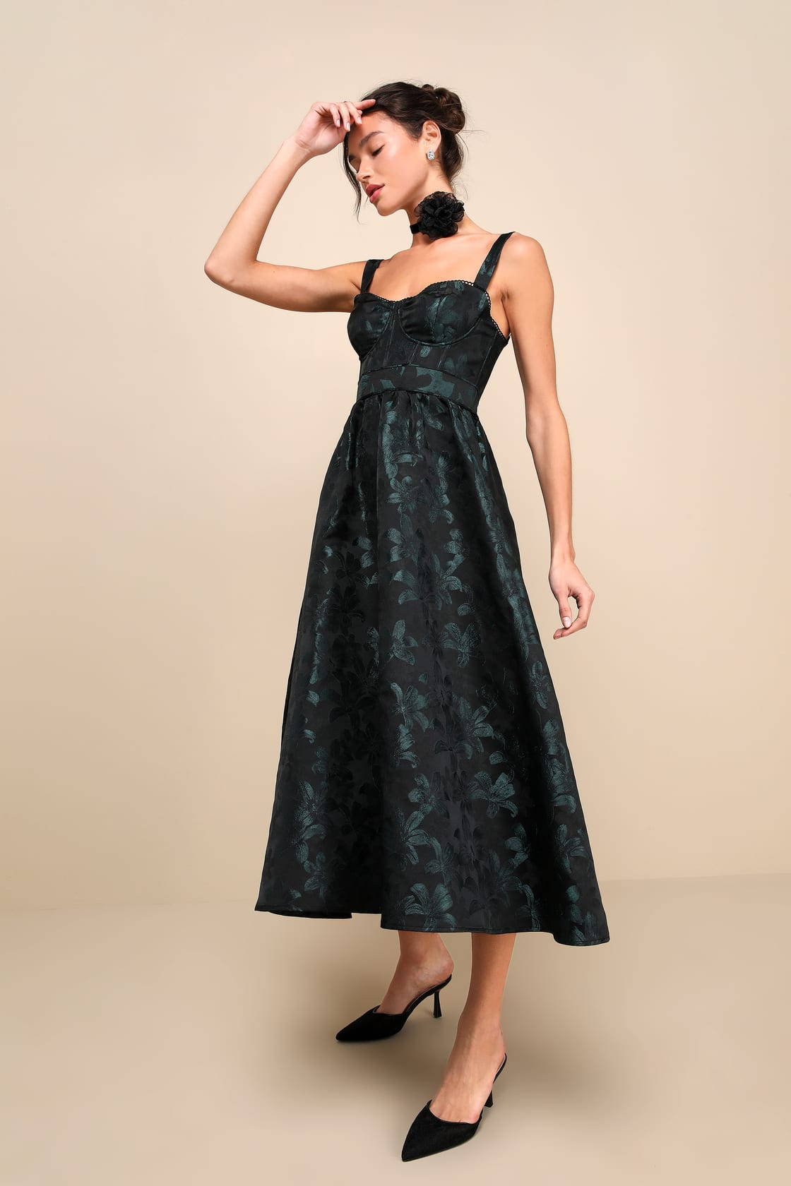 Dramatically Romantic Black Floral Jacquard Bustier Midi Dress | Lulus (US)