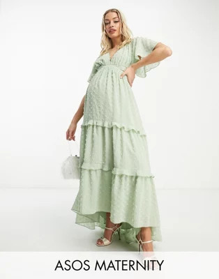 ASOS DESIGN Maternity angel sleeve plunge textured tiered maxi dress with cut out and rouleux det... | ASOS (Global)