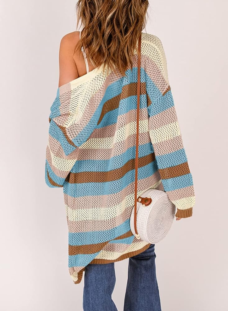 SHEWIN Womens Crochet Cardigan Sweater Open Front Striped Color Block Long Sleeve Outerwear | Amazon (US)