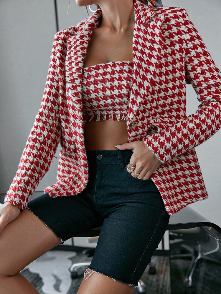 Glamaker Lapel Neck Houndstooth Tweed Blazer & Raw Hem Crop Tube Top | SHEIN